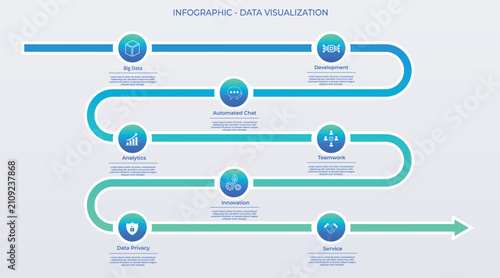 Business Infographic featuring a downward-curving arrow with eight stages timeline.(green, blue tones). Its path helps illustrate processes, milestones, evolution, time, and chronology. For roadmaps