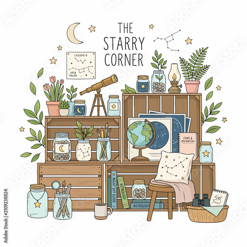 Cozy vintage inspired study corner with celestial decor.
