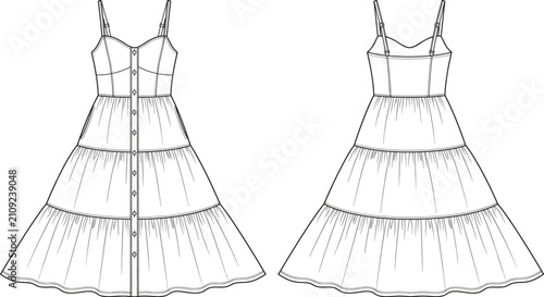 Quadro su tela Womens sleeveless adjustable strap tiered midi dress fashion flat sketch vector