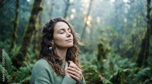 Young woman with closed eyes standing peacefully in a lush forest, embracing mindfulness and deep breathing. Concept of meditation, wellness, inner peace, nature connection and relaxation.