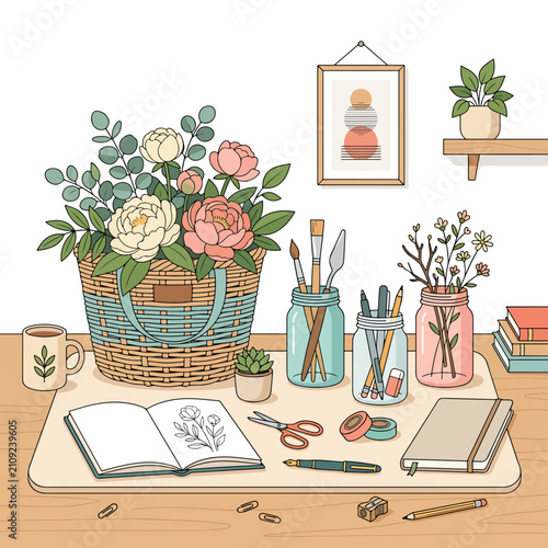 Creative home office desk with plants and decorative items.