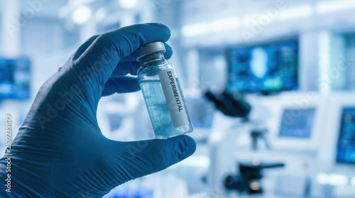 Blue glove holding vial experimental rare disease treatment lab research sterile medicine