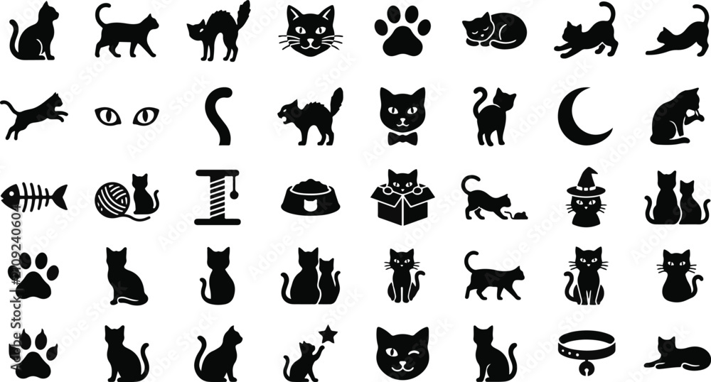 Fototapeta premium Black silhouette cat icons and elements collection for design projects