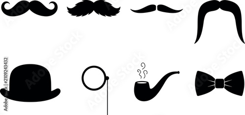 Foto Vintage Gentleman Accessories Silhouette Vector Icon Set with Moustaches Bow Tie