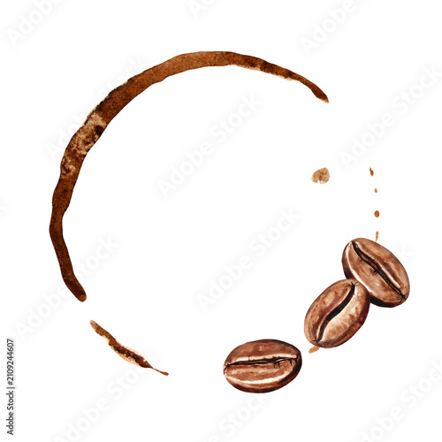 Coffee cup stain ring with coffee beans. Original Hand drawn watercolor illustration, isolated on white background