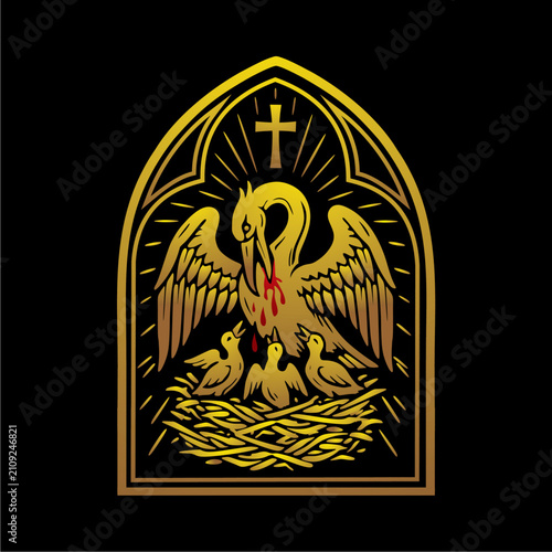 Gold Pelican in Her Piety Gothic Arch Logo Vector Illustration Medieval Heraldic Bird Icon with Cross and Drops of Blood for Church or Foundation