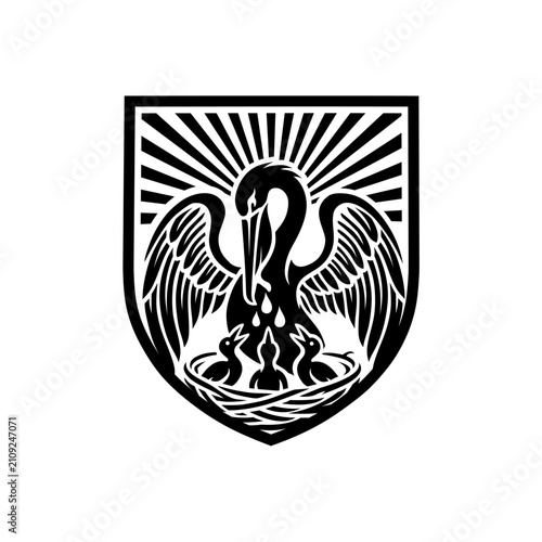 Pelican in Her Piety Crest Logo Vector Illustration Coat of Arms Heraldic Shield Icon with Crown and Cross for Foundation, Church, or Heritage Brand