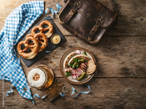 Traditional bavarian feast pretzels cold cuts beer and leather messenger bag on rustic wood