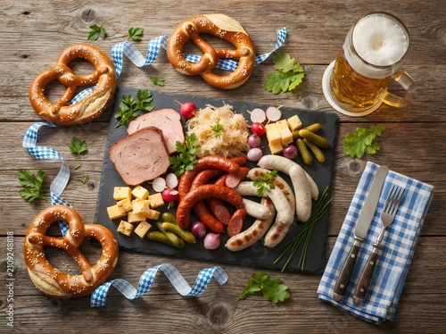 Authentic bavarian charcuterie board with pretzels and beer a traditional german feast for celebrations