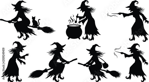 Fotografie Halloween witch silhouette vector set with spooky characters flying on broomstic