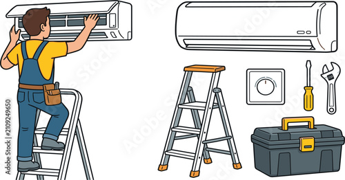 Air conditioner technician repairman service character set with split AC unit stepladder toolbox tools and maintenance illustration vectors