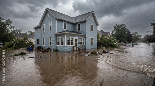 Residential House Surrounded by Floodwater During Heavy Rain Natural Disaster