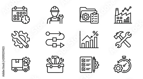 Industrial Workflow Icons: Manufacturing, Planning, Logistics, Tools, and Time Management