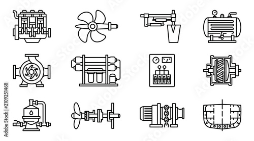 Marine Engineering Icons: Engine, Propeller, Pump, Control Panel, Winch, Tank
