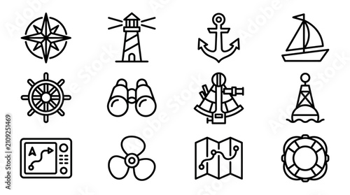 Nautical Icons Set: Compass, Lighthouse, Anchor, Sailboat, Ship Wheel, Binoculars, Sextant, Buoy