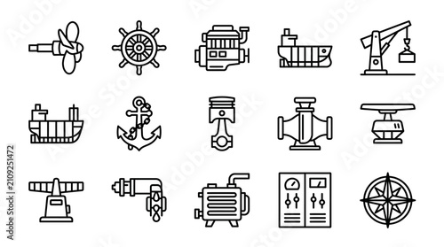 Nautical Icons Set: Ship, Anchor, Engine, Propeller, Compass, Crane, Helm