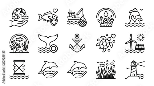 Marine Life Protection Icons: Ocean Conservation, Ecology, Sustainability, and Sea Creatures