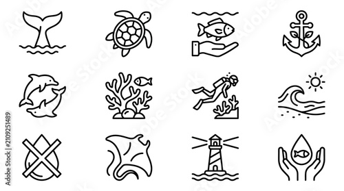 Ocean Life Icons Set: Marine Animals, Underwater World, Sea Conservation, Nautical Symbols