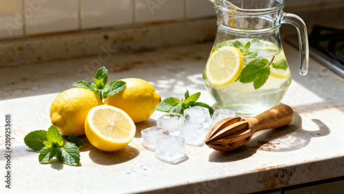 Refreshing summer lemonade in a glass pitcher with fresh lemons, mint leaves, ice cubes, and a wooden citrus reamer on a bright sunlit kitchen counter.