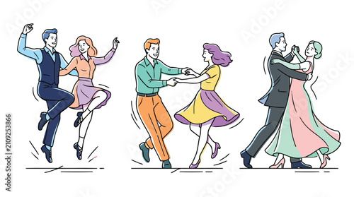 Obraz na plátně Simple stroke doodle depicting three pairs enjoying energetic musical steps