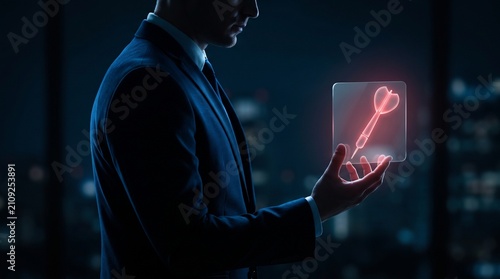 Businessman holding a glowing red dart hologram symbolizing strategy and target achievement against a blurred city night background with determination