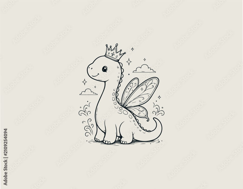 Fototapeta premium A cute crowned dinosaur is decorated with fairy wings creating a magical fantasy illustration playful