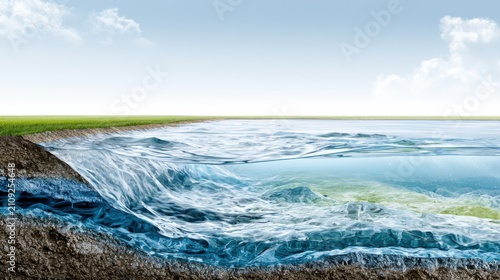 Cross section of the earth showing water flow and aquifer beneath the surface with green grass on top and blue sky above