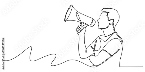 continuous line drawing of men with megaphone. isolated sketch drawing of men with megaphone line concept. transparent background, Horn speaker hold by man, sign and symbol for announcement and news. 