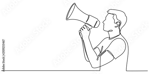 continuous line drawing of men with megaphone. isolated sketch drawing of men with megaphone line concept. transparent background, Horn speaker hold by man, sign and symbol for announcement and news. 