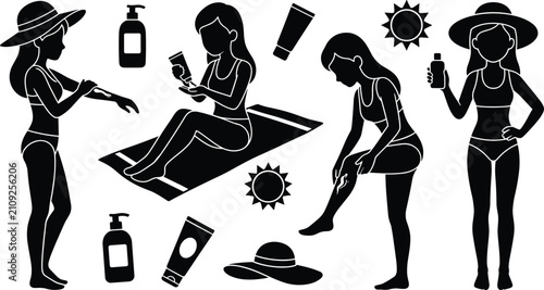 Tableau sur toile Sun Protection and Skincare Silhouette Icon Set with Women Applying Sunscreen Lo