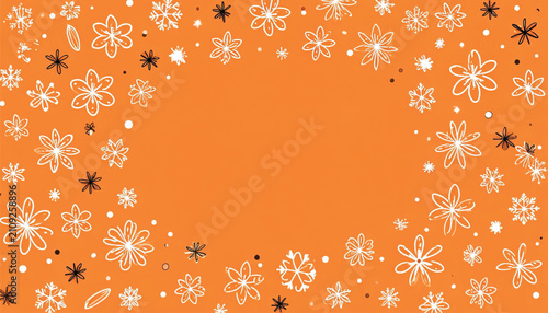 Seamless Floral Pattern with White and Black Outline Flowers on Vibrant Orange Background