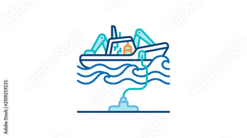 Underwater research boat with seabed sensor icon