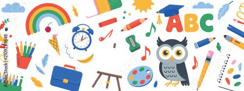 Foto Education doodle icon featuring felt pen hand drawn child sketches, school items, creative symbols, and playful vector illustration set