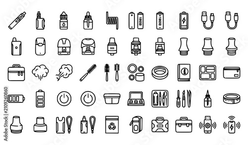 Foto Vaping Accessory Line Icons Collection with E-Liquid Pod and Coil Symbols