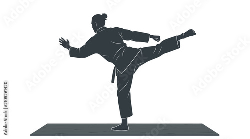 Martial artist performs a high kick movement while maintaining balance in a focused training pose.