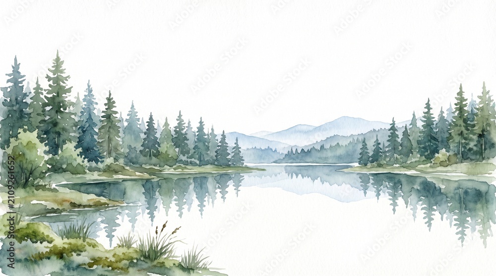 Fototapeta premium Watercolor Mountain Lake Landscape with Pine Trees and Soft Reflection
