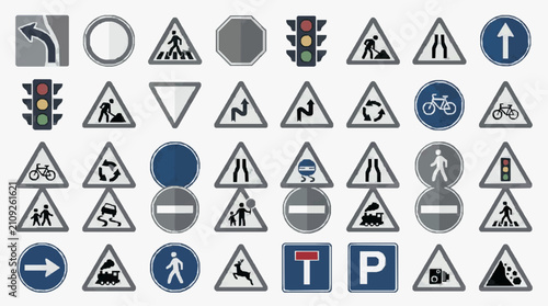 Dynamic Collection of 55 Modern Road and Traffic Signs with Clear Icons Symbols and Color Coded Signals