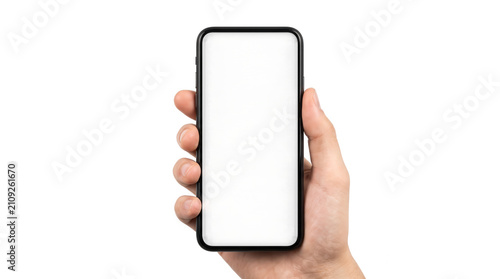 Male hand showing a blank mobile phone device for app interface mockup, PNG,isolated on transparent background.