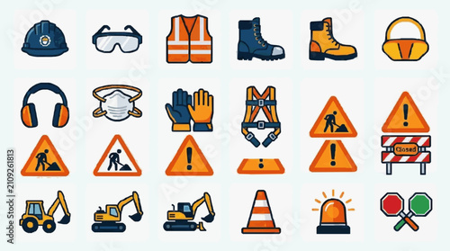 Professional Construction Safety Icons Set Colorful Illustrations of PPE Warning Signs Heavy Machinery and Road Work Equipment