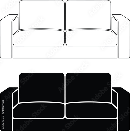 Black and white outline and solid silhouette icons of a two seater loveseat sofa furniture with loveseat furniture interior silhouette minimalist isolated