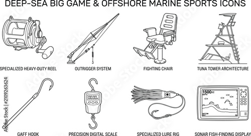 Photos Deep sea big game fishing and offshore marine sports equipment line art icon set