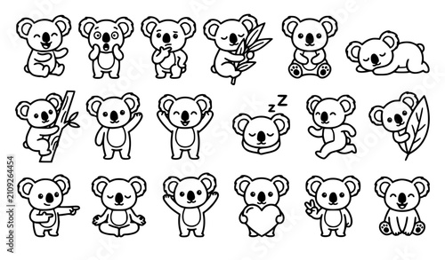 Photography Kawaii Koala Cartoon Black Line Art Vector Bundle with Cute Animal Poses on Whit