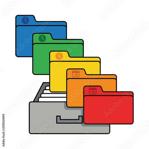 Filing cabinet drawer with colorful folders representing organization, data management, and scheduling