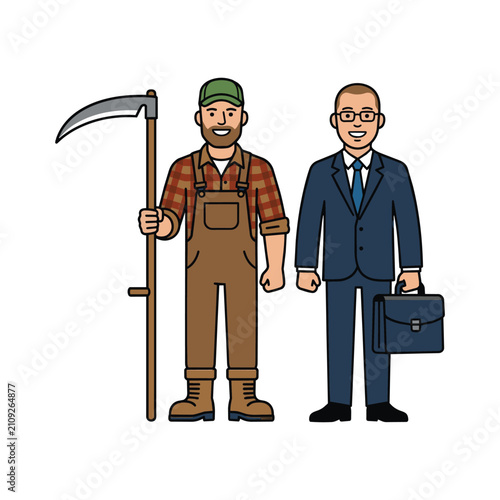 Vector illustration of a farmer with a scythe and a businessman with a briefcase