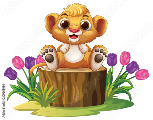 Adorable Baby Lion Cub Sitting on a Wooden Stump with Colorful Tulips