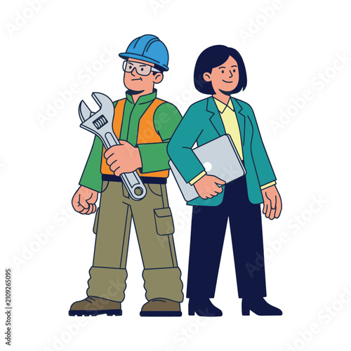 Vector illustration of a male construction worker and a female professional standing together