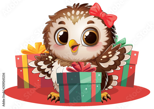 Cute Cartoon Owl with Red Bow and Colorful Gift Boxes
