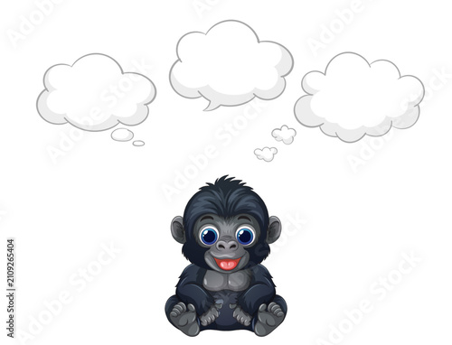 Cartoon Baby Gorilla Sitting with Empty Thought Bubbles Vector Illustration