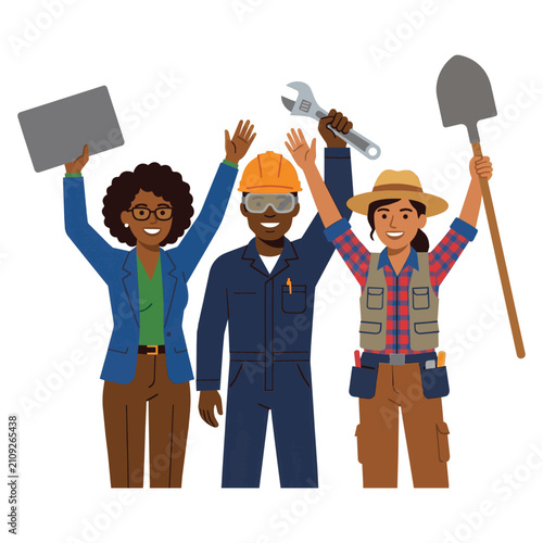 Vector illustration of a diverse group of workers including a businesswoman, construction worker, and farmer