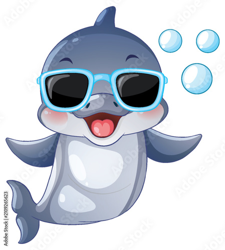 Happy Cartoon Dolphin Wearing Sunglasses with Bubbles Vector Illustration